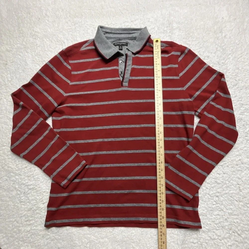 Banana Republic Men's Striped Polo Shirt Red Gray M Long Sleeve Collared Button